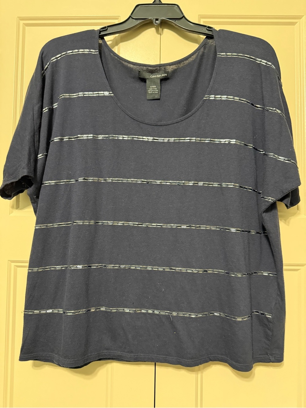 Calvin Klein Jeans Navy Short Sleeve Tee with Thin White Stripes